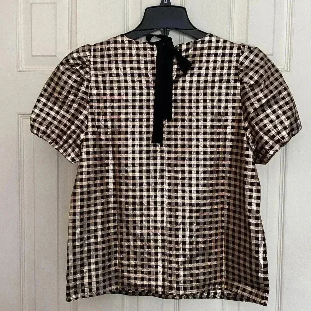 J.Crew Metallic Gold & Black Plaid Puff Sleeve Top Size Medium